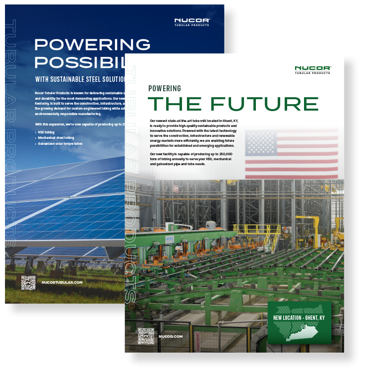 Two catalogue covers for Nucor Tubular Products. Image on left says, "Powering Possibilities with Sustainable Steel Solutions" and image on right says, "Powering the Future."