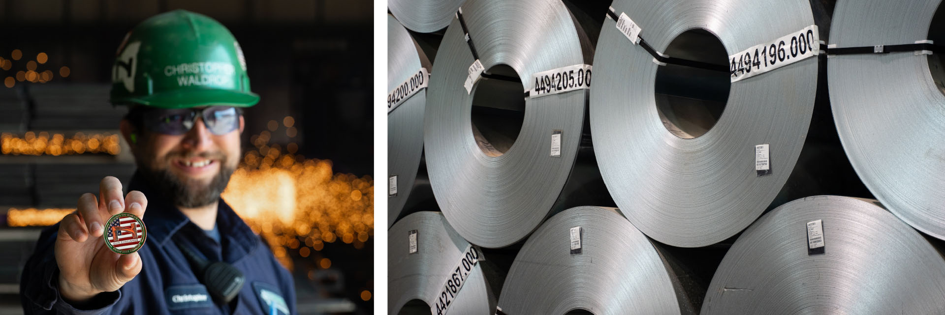 banner image; on left, smiling Vulcraft employee in green hardhat with award coin; image on right Nucor steel rolls
