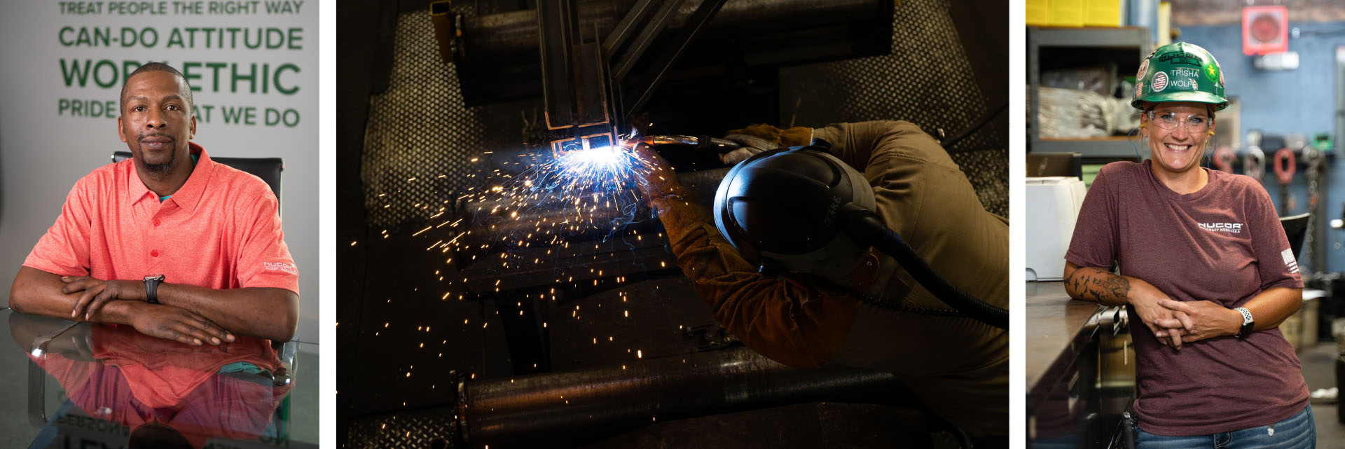 Composite banner image of seated male Vulcraft teammate, an aerial shot of a teammate welding, and a smiling female employee.