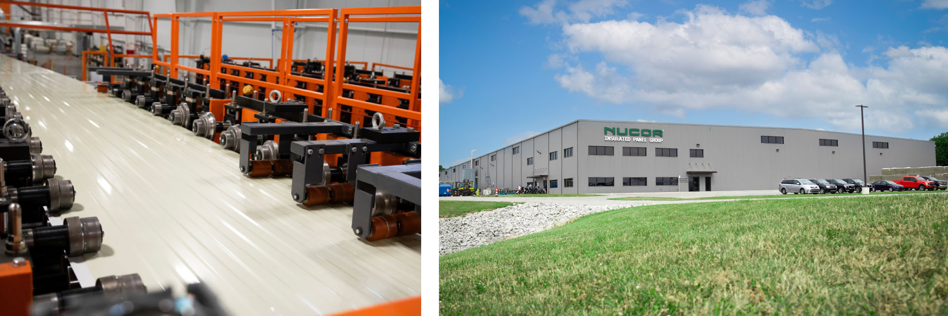 Nucor Insulated Panel Group banner interior image of roll forming machines and exterior image of building